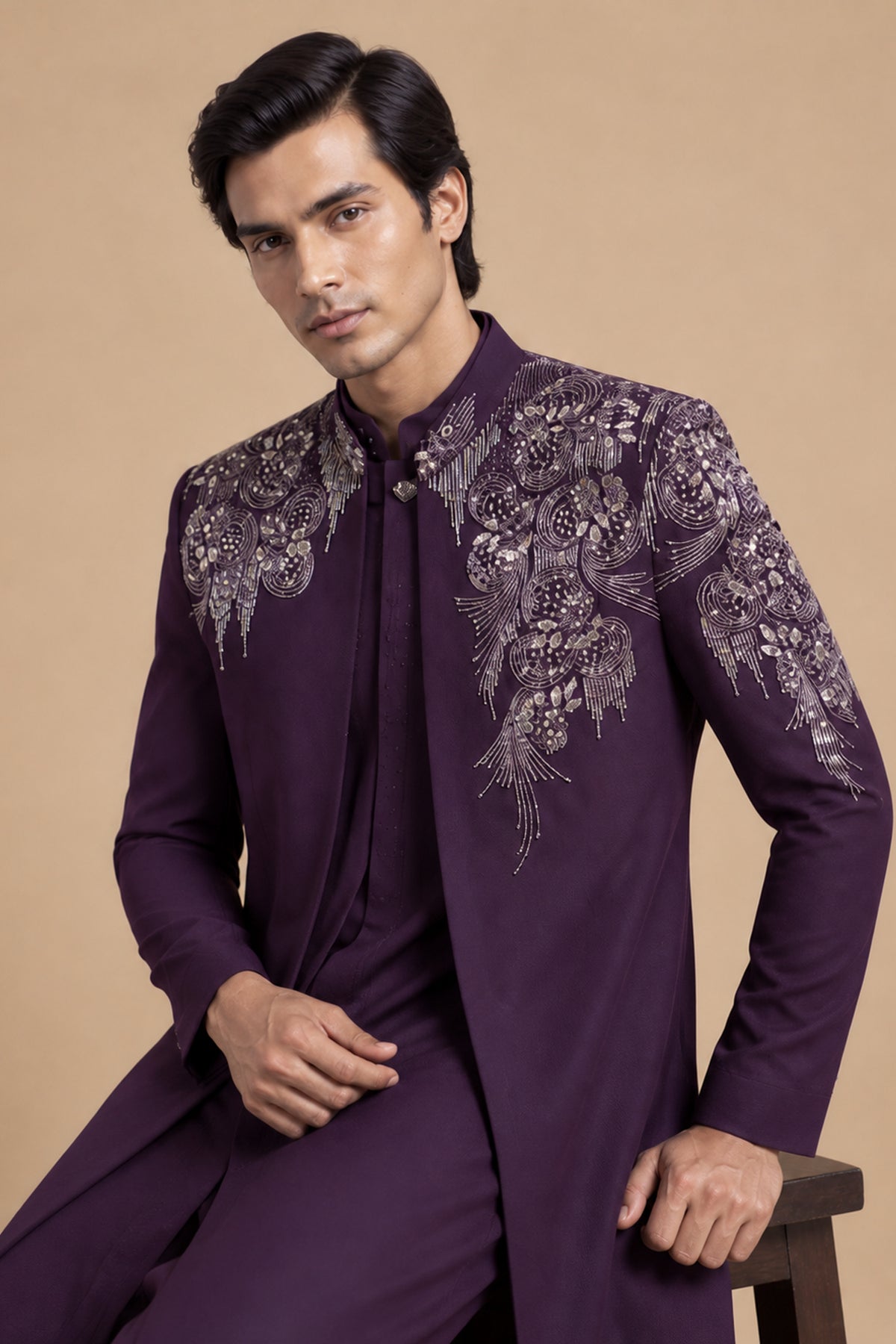 ROYAL WINE EMBROIDERED DESIGNER INDO-WESTERN