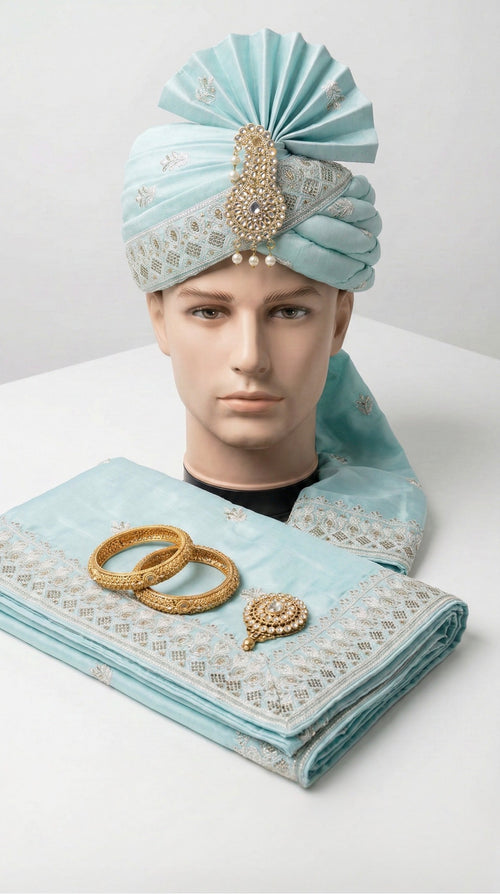 ROYAL SKY BLUE GROOM SAFA AND SHAWL