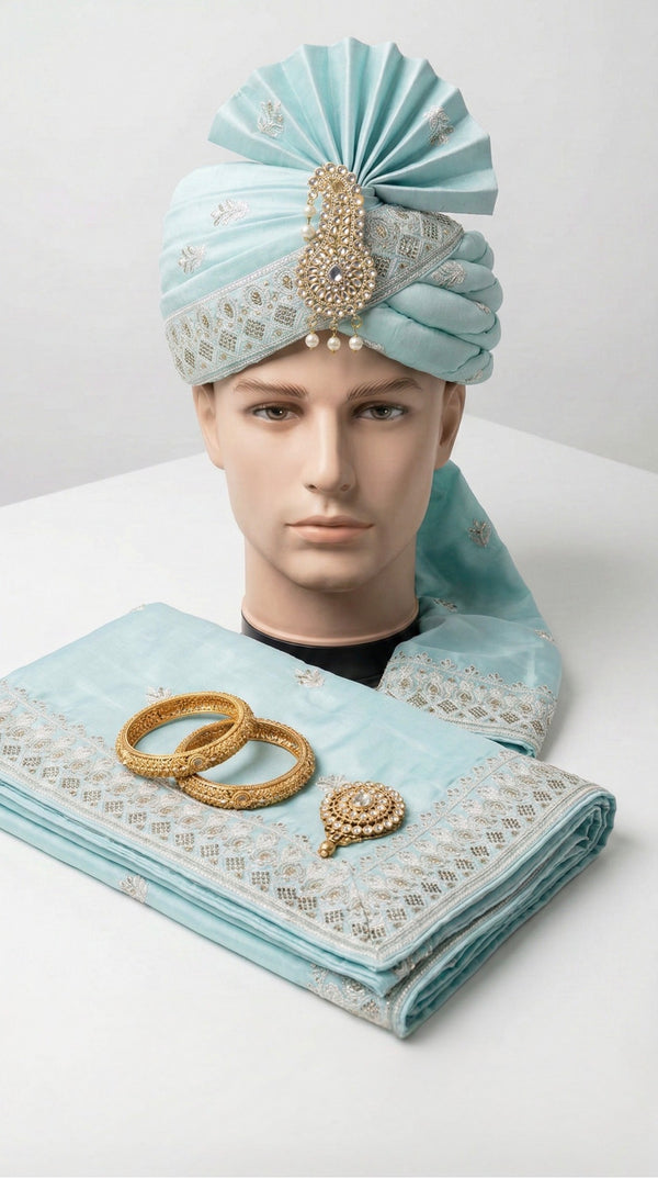 ROYAL SKY BLUE GROOM SAFA AND SHAWL