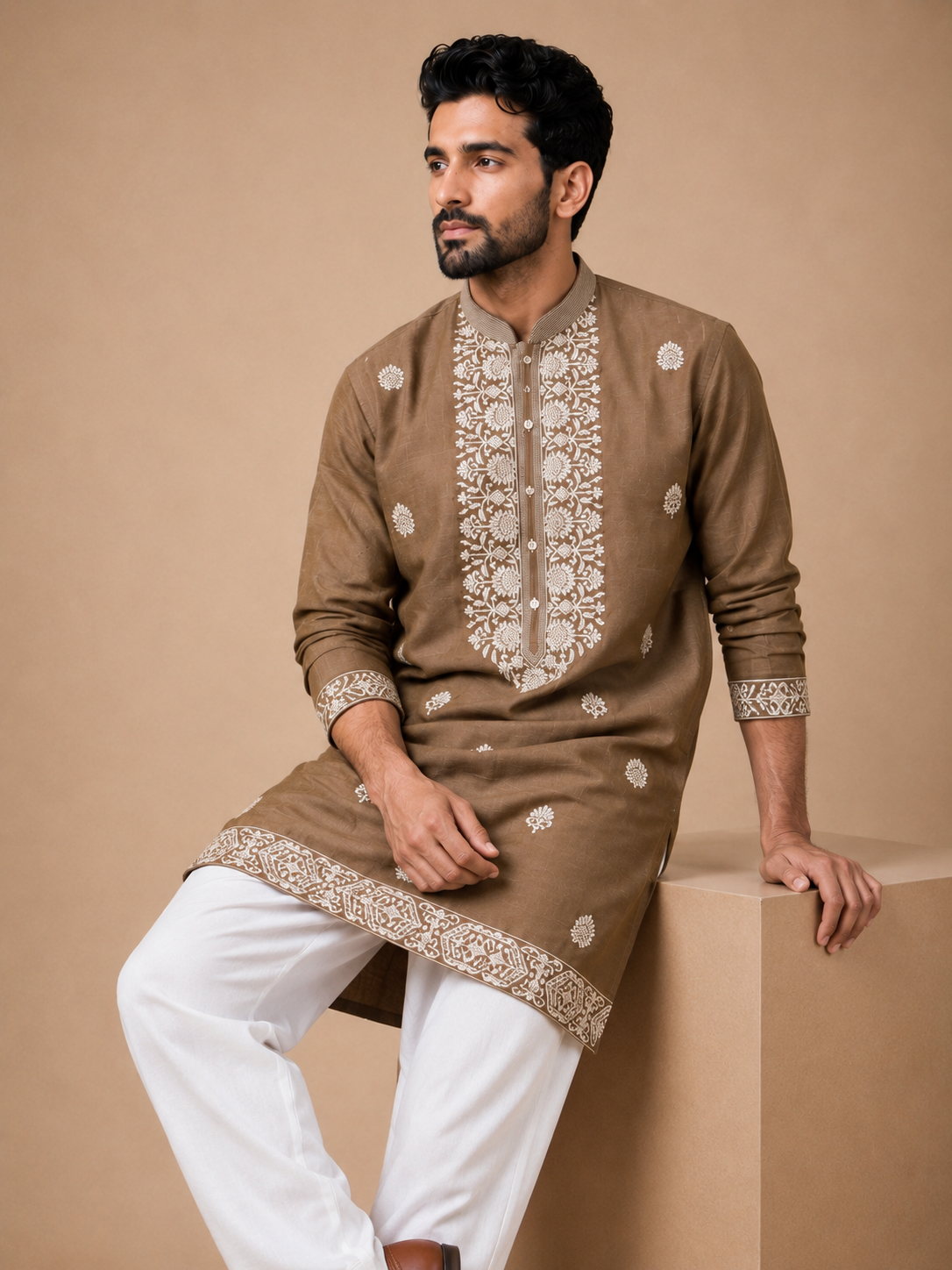 REGAL BROWN WHITE EMBROIDERED KURTA