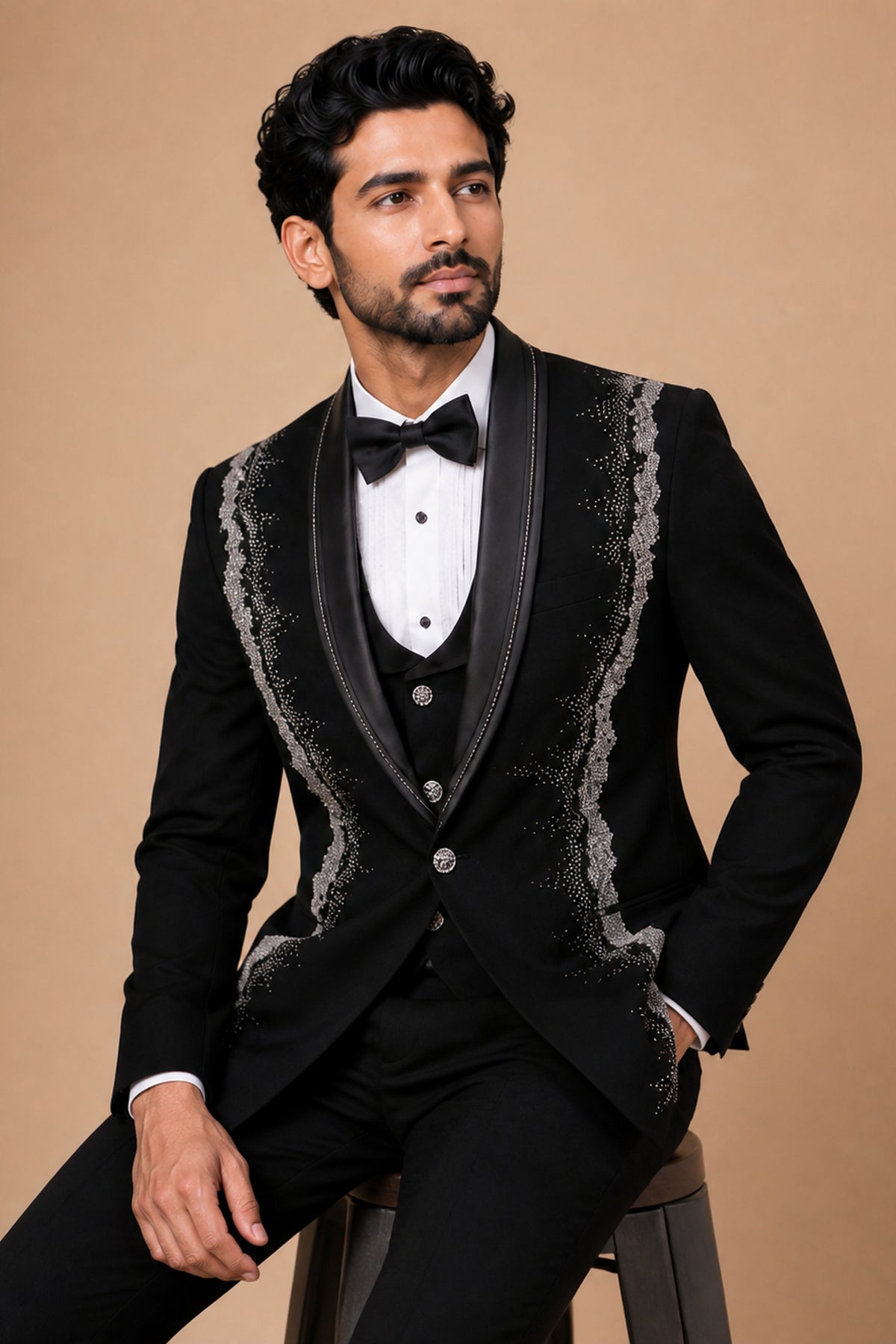 JET BLACK TUXEDO WITH SILVER HAND EMBROIDERY