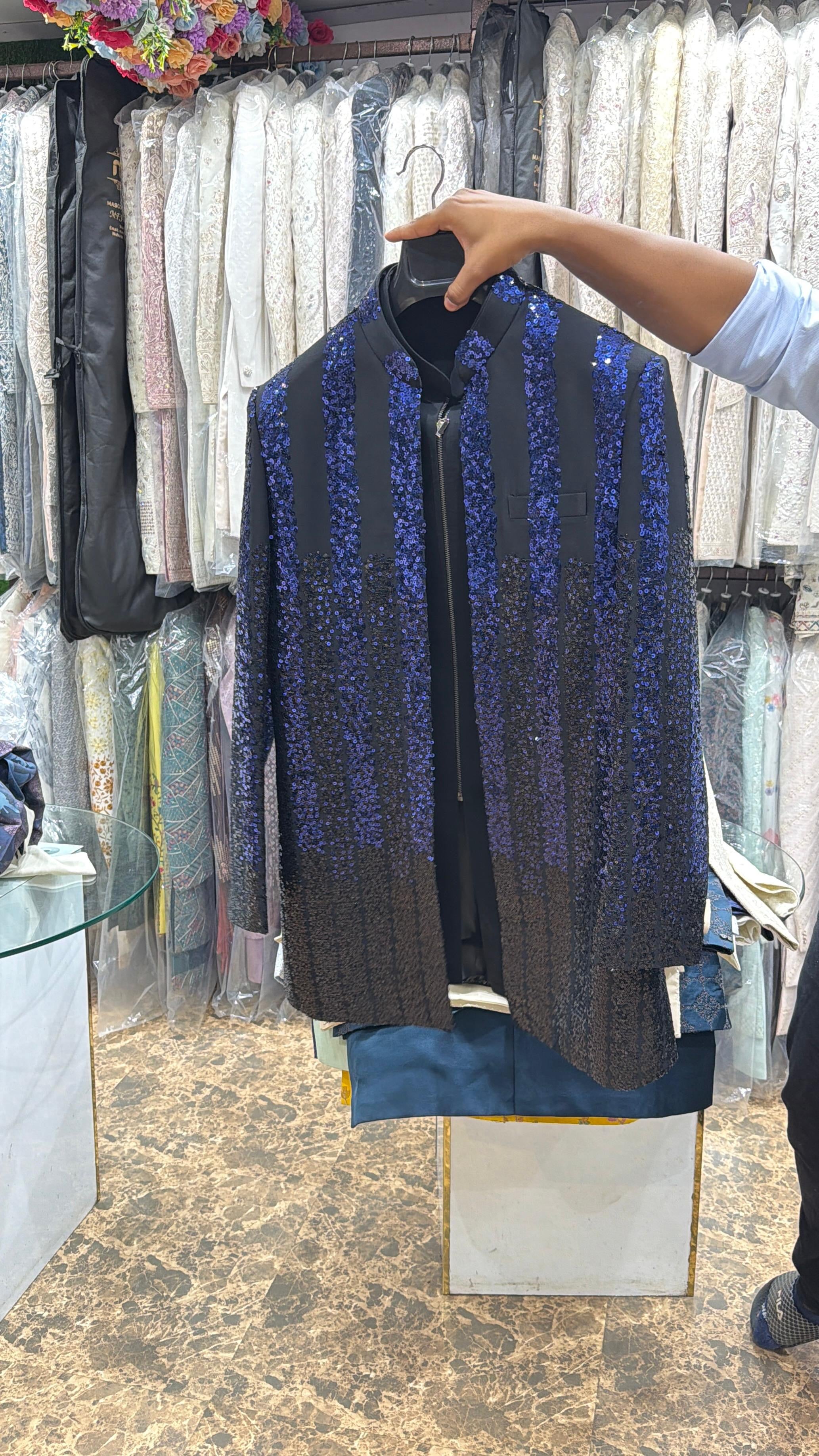 Royal Cobalt Sequin Stripe Indo-Western