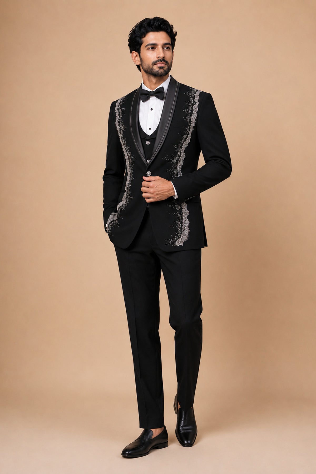 JET BLACK TUXEDO WITH SILVER HAND EMBROIDERY