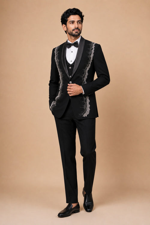 JET BLACK TUXEDO WITH SILVER HAND EMBROIDERY