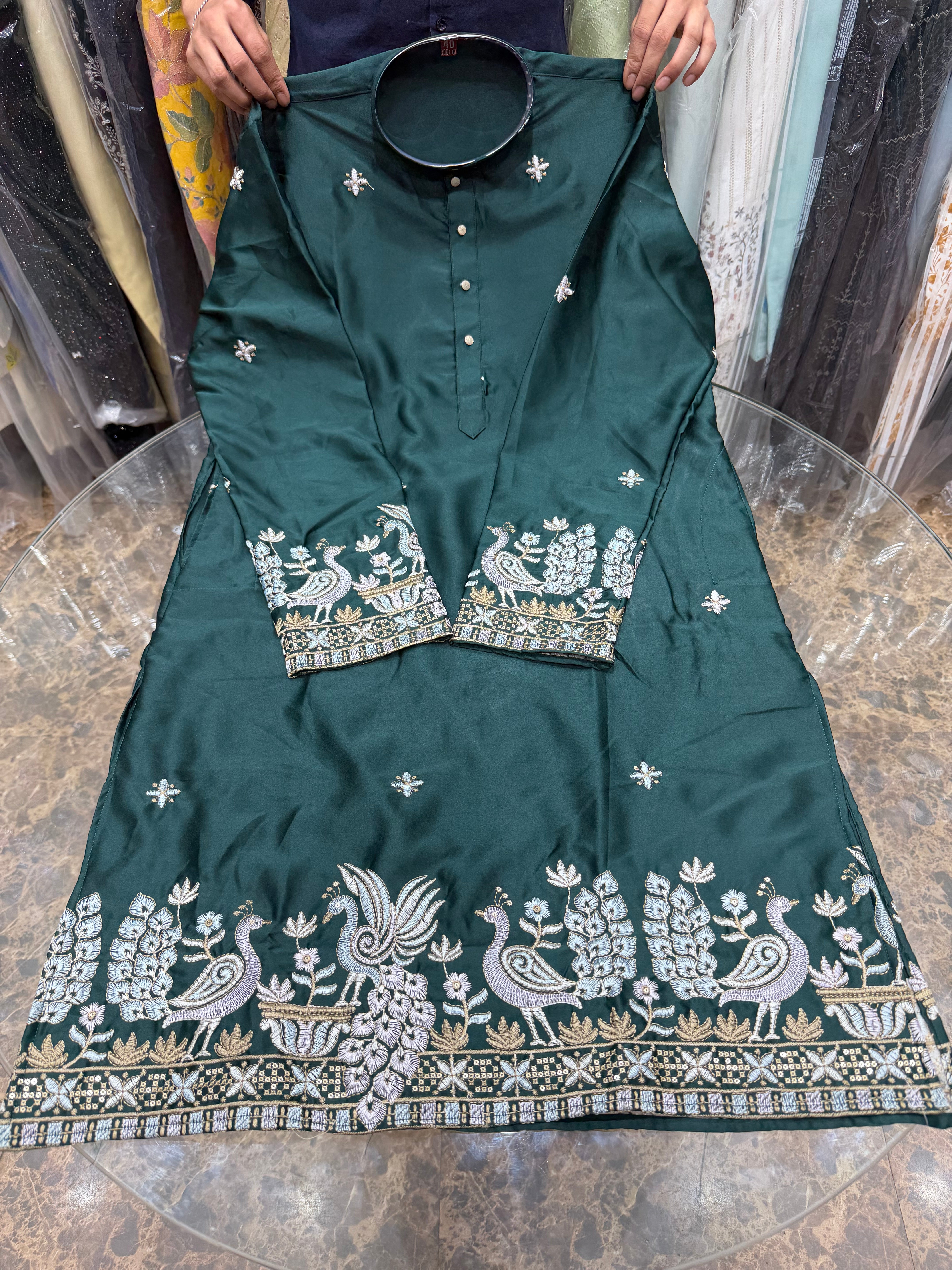 BOTTLE GREEN PANELLING KURTHA