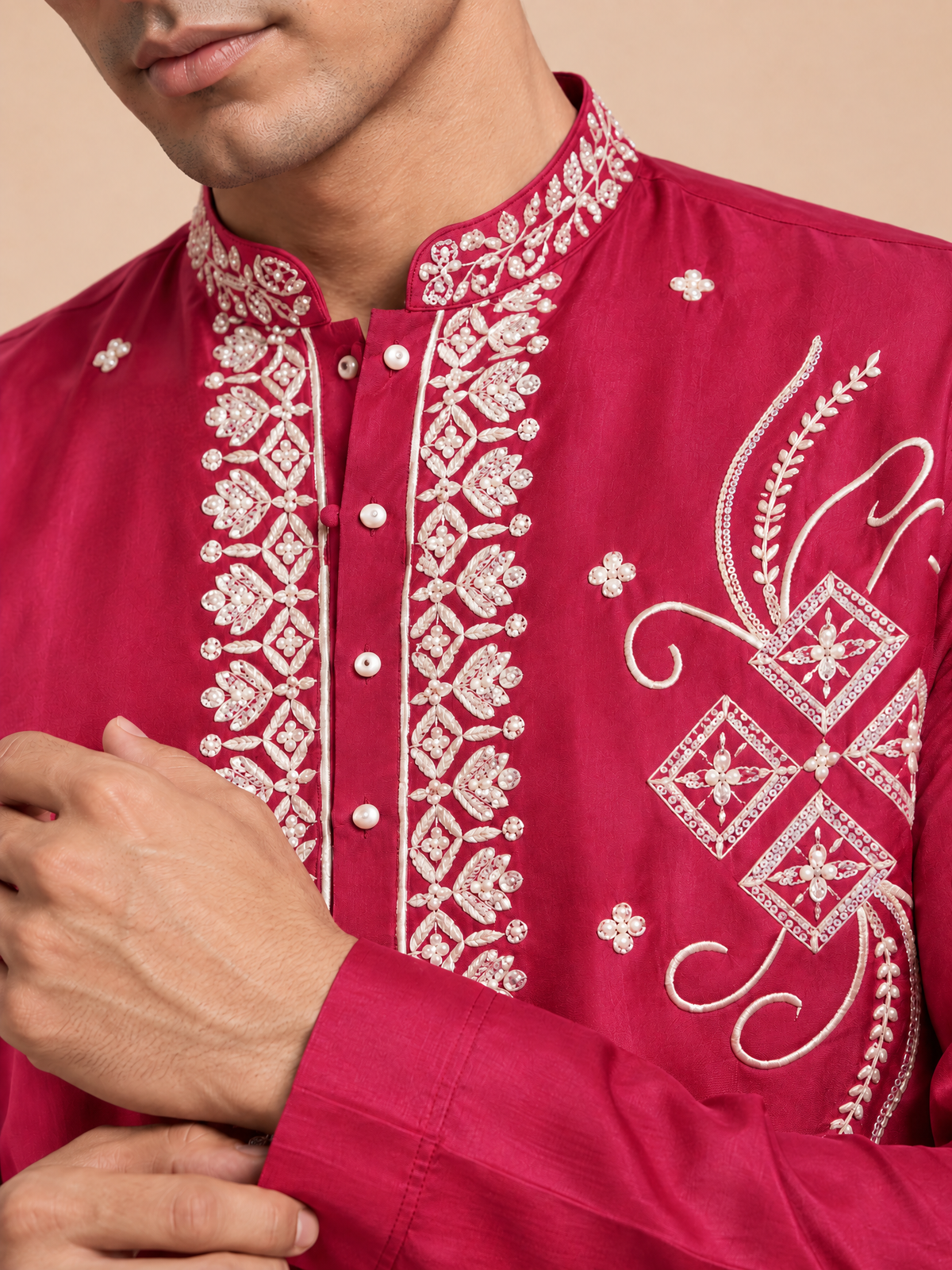 MAGENTA SILK EMBROIDERED KURTA