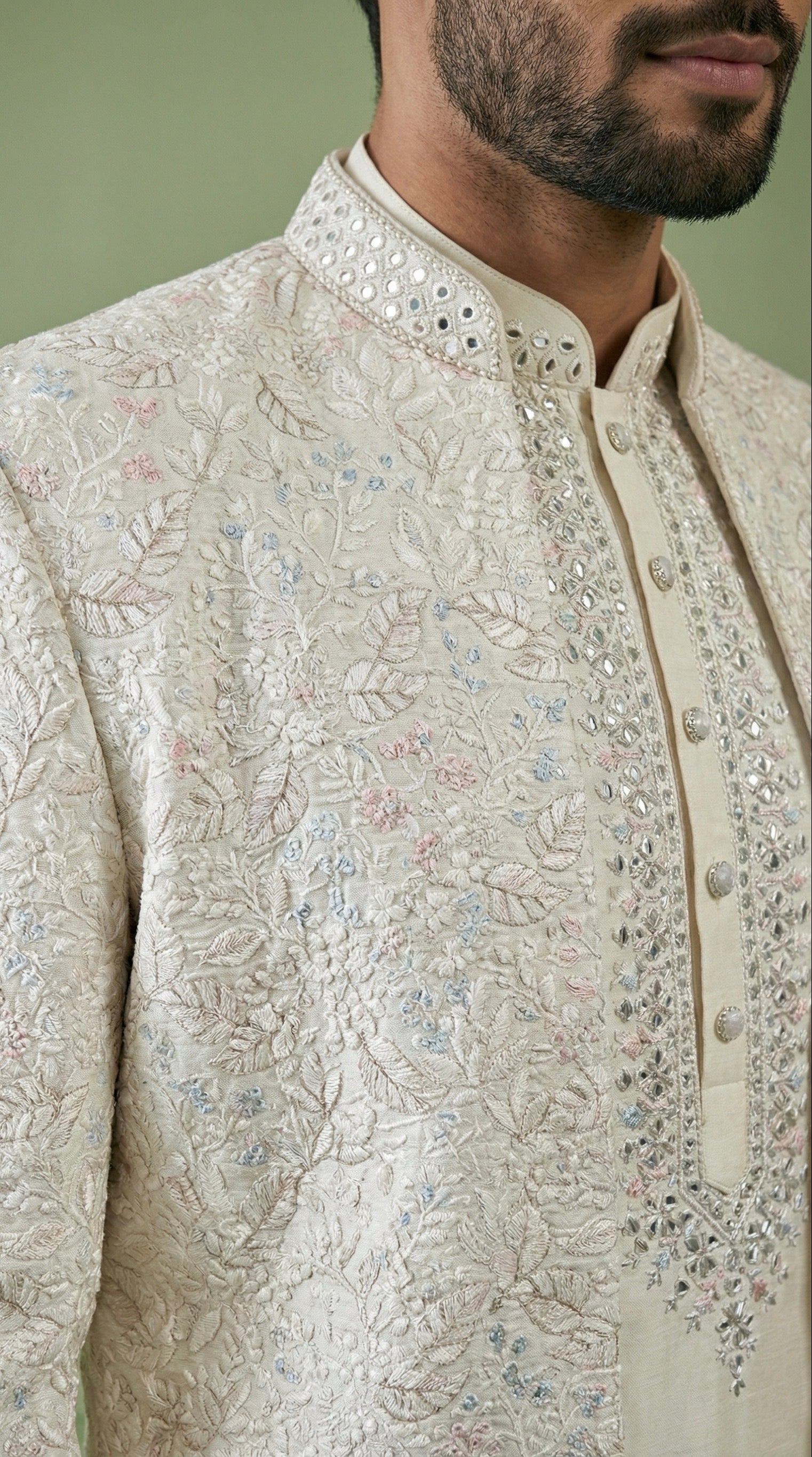 BEIGE THREAD EMBROIDERED INDOWESTERN