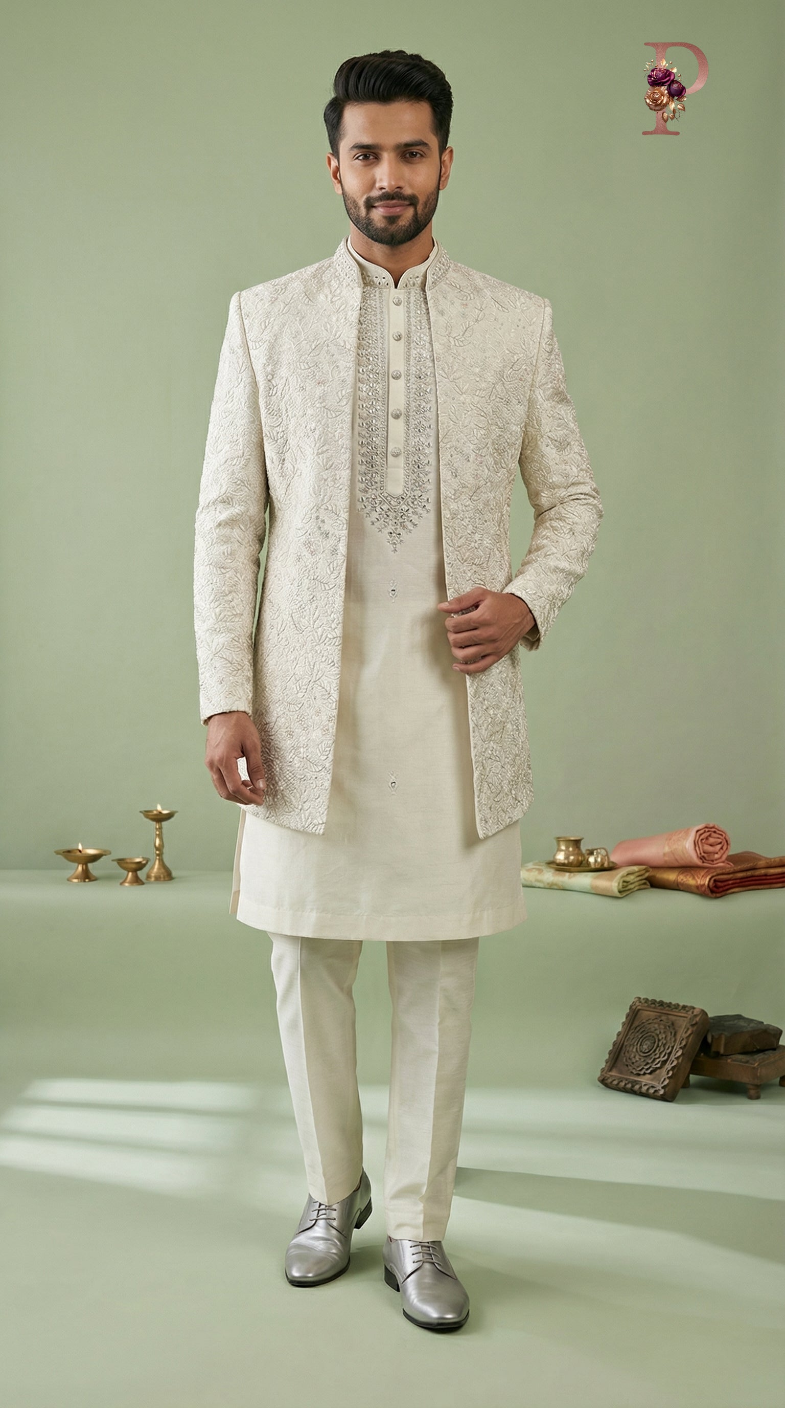 BEIGE THREAD EMBROIDERED INDOWESTERN