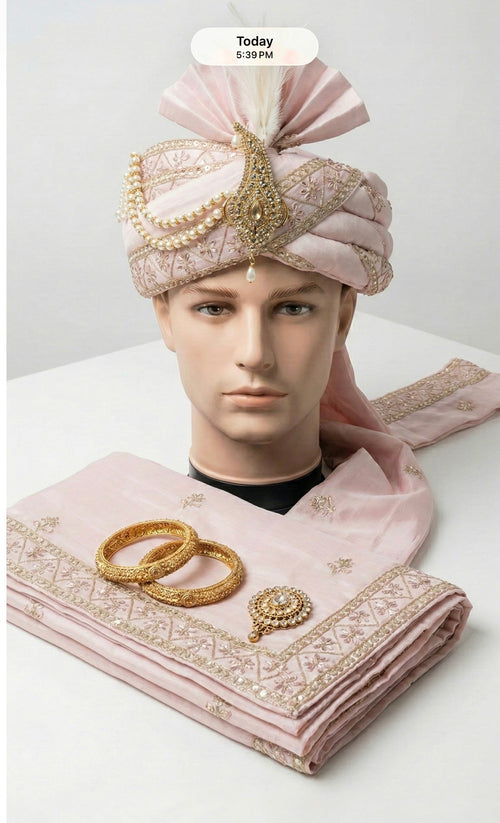 ROYAL PINK PEARL WORK GROOM SAFA AND SHAWL