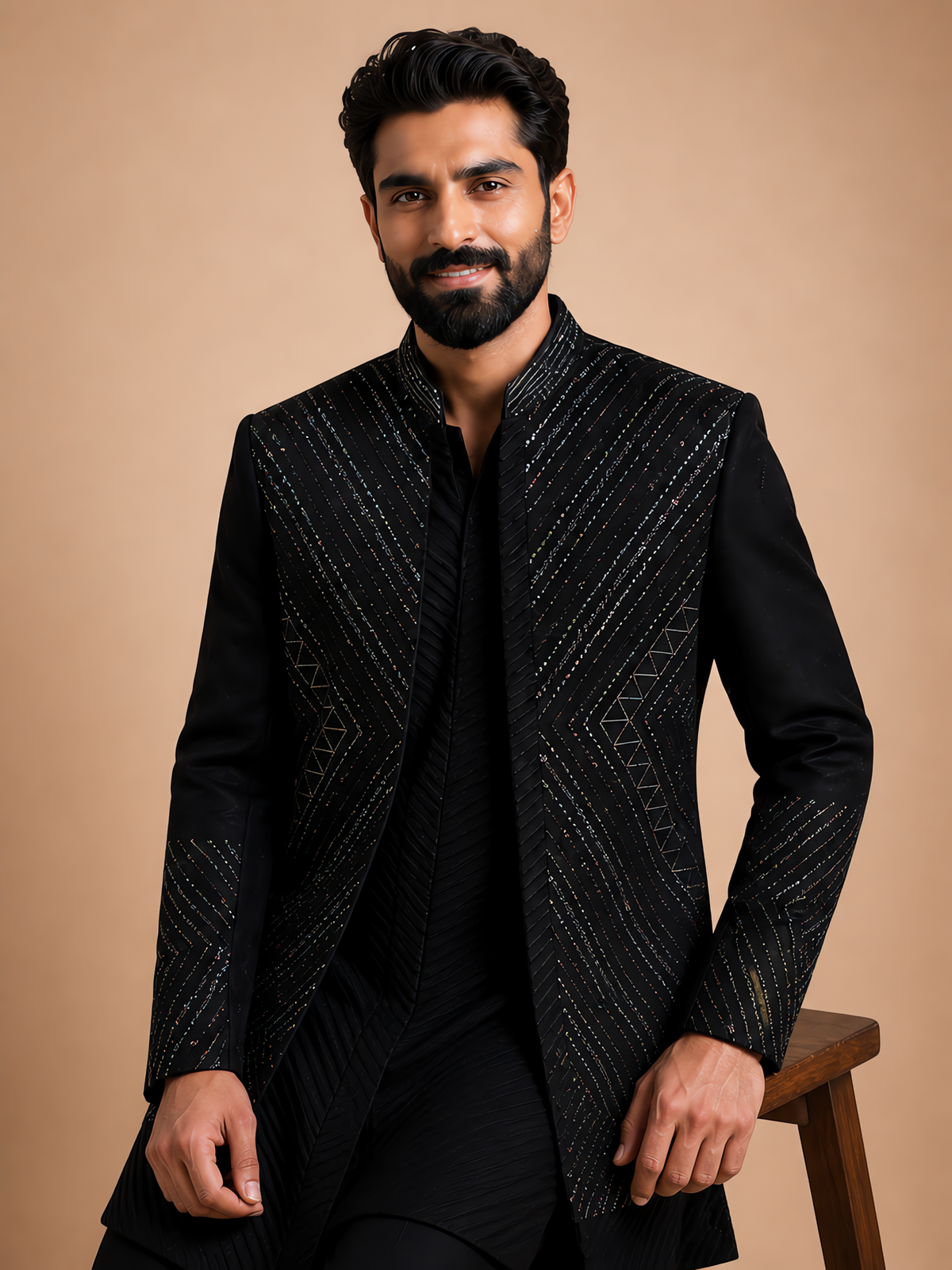 MEN'S BLACK EMBROIDERED INDO-WESTERN