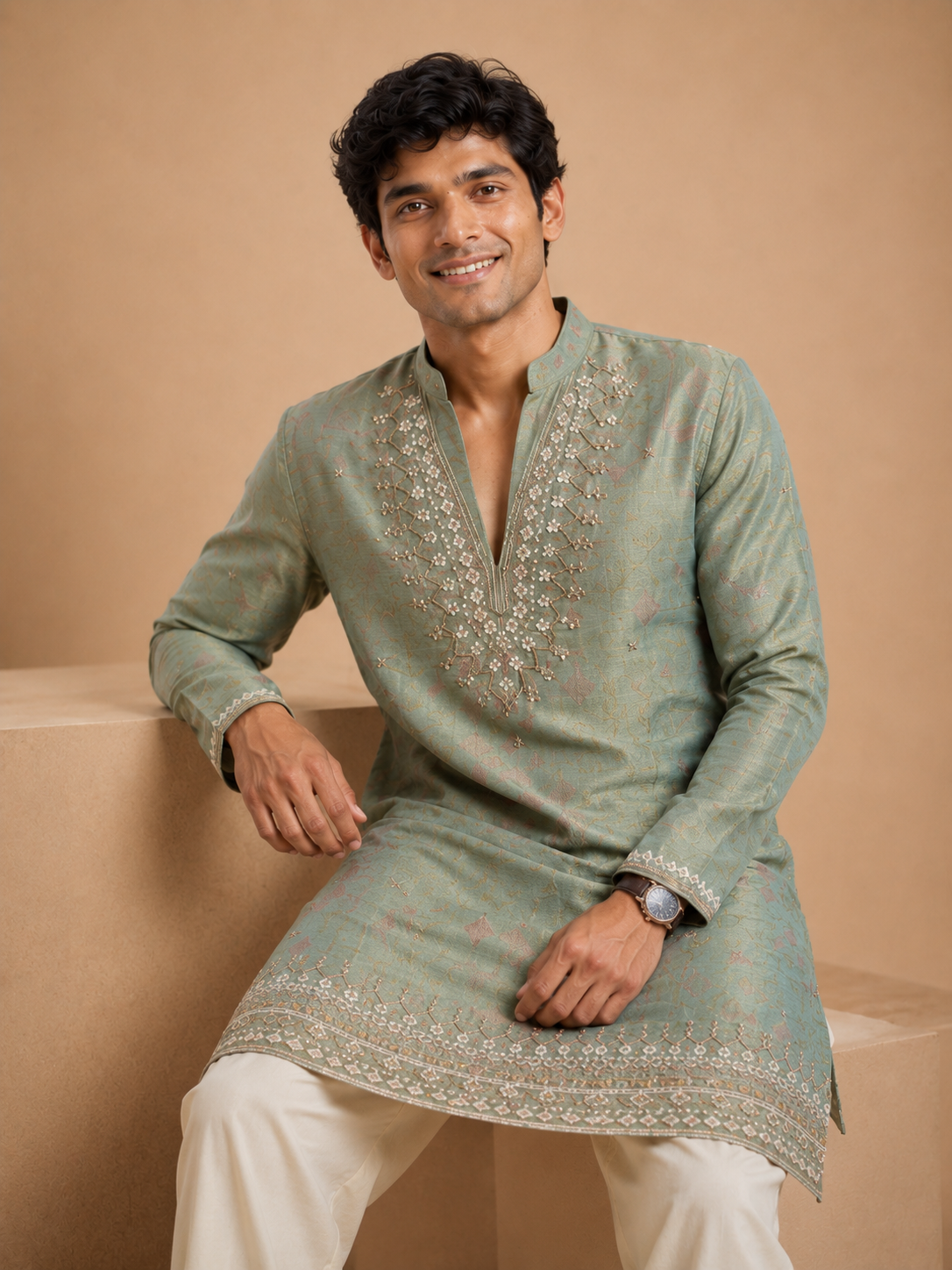 PASTEL GREEN ZARI EMBROIDERED KURTA