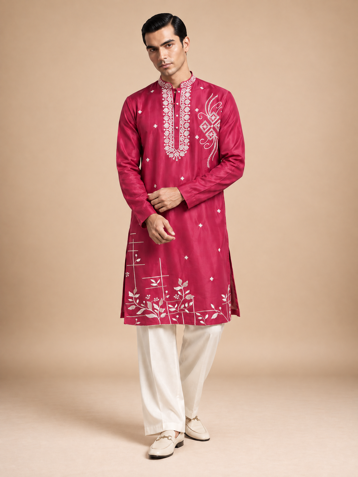 MAGENTA SILK EMBROIDERED KURTA