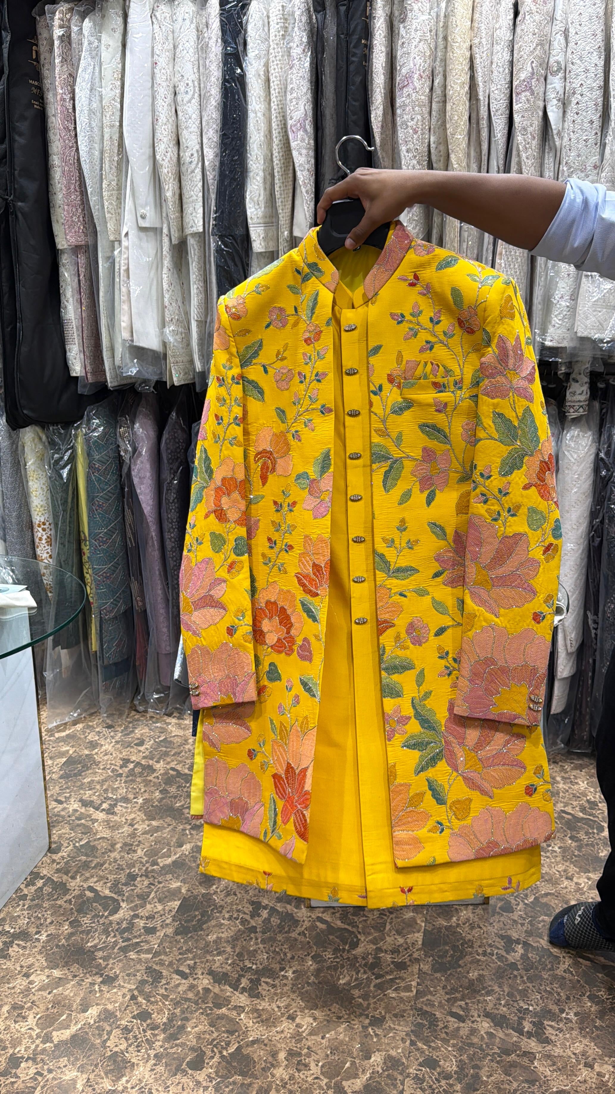 Yellow Floral Embroidered Indo-Western