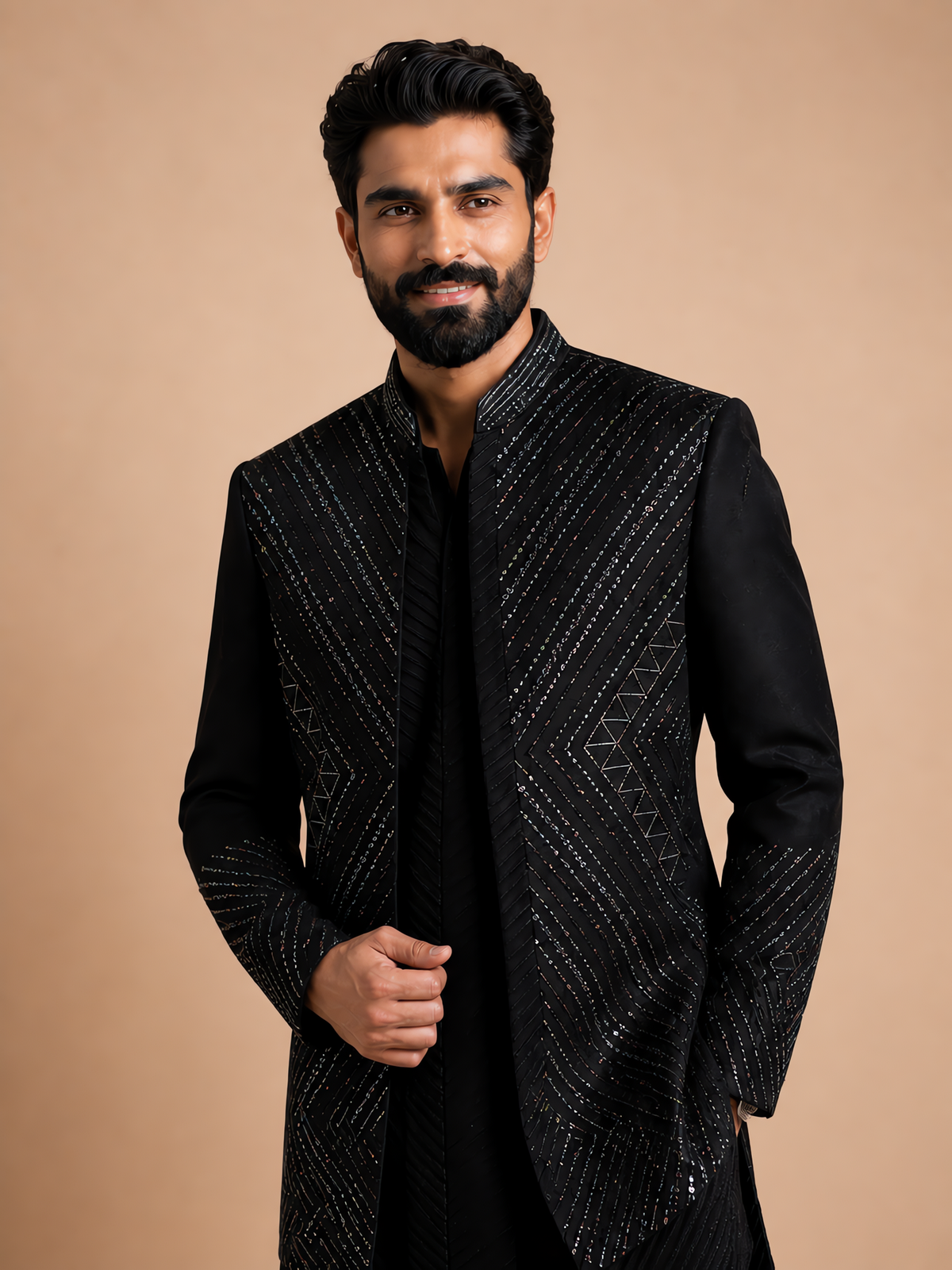 MEN'S BLACK EMBROIDERED INDO-WESTERN
