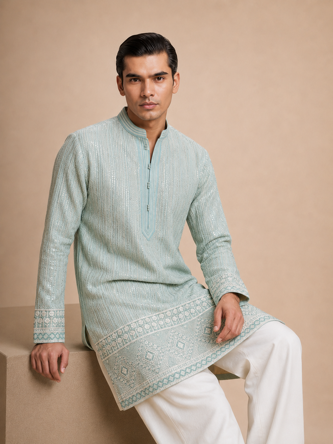 ZARI STRIPED EMBROIDERED KURTA