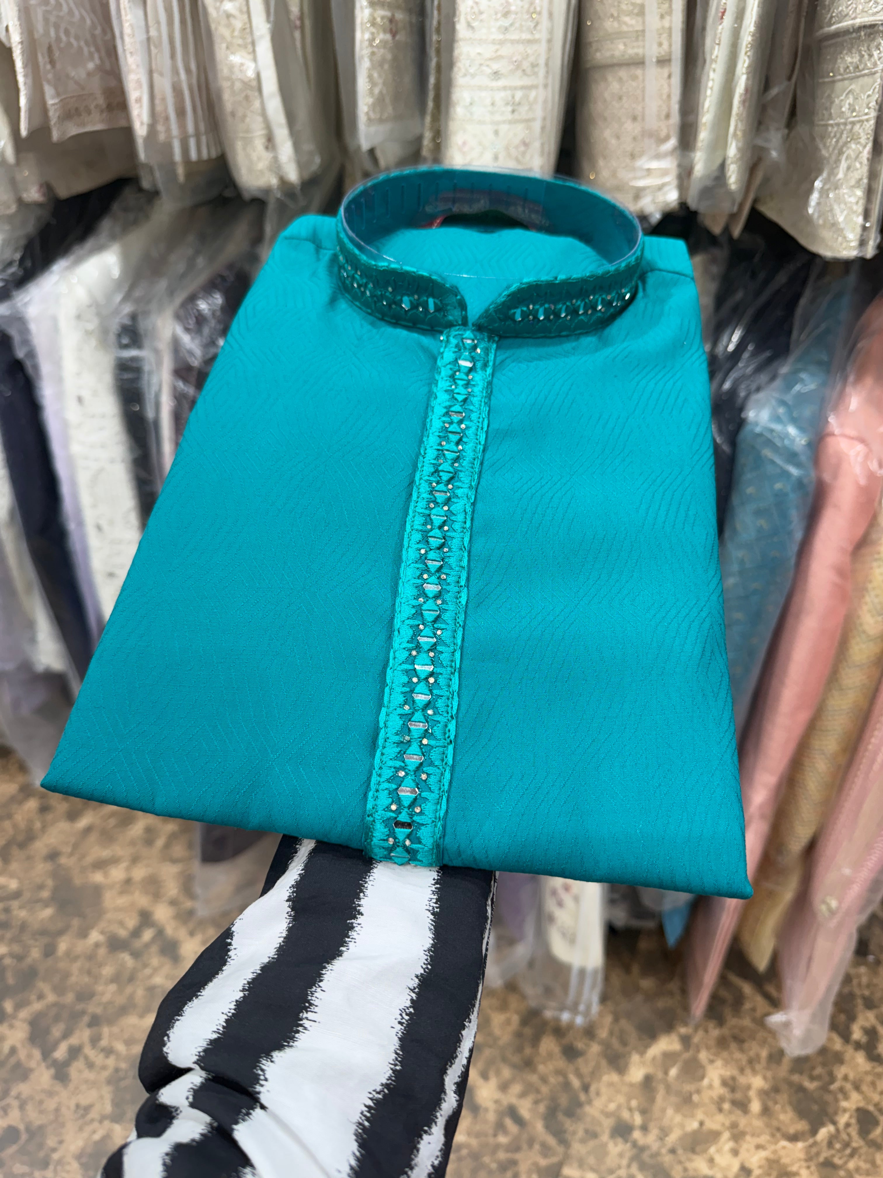 TURQUOISE MIRROR WORK DESIGNER KURTA