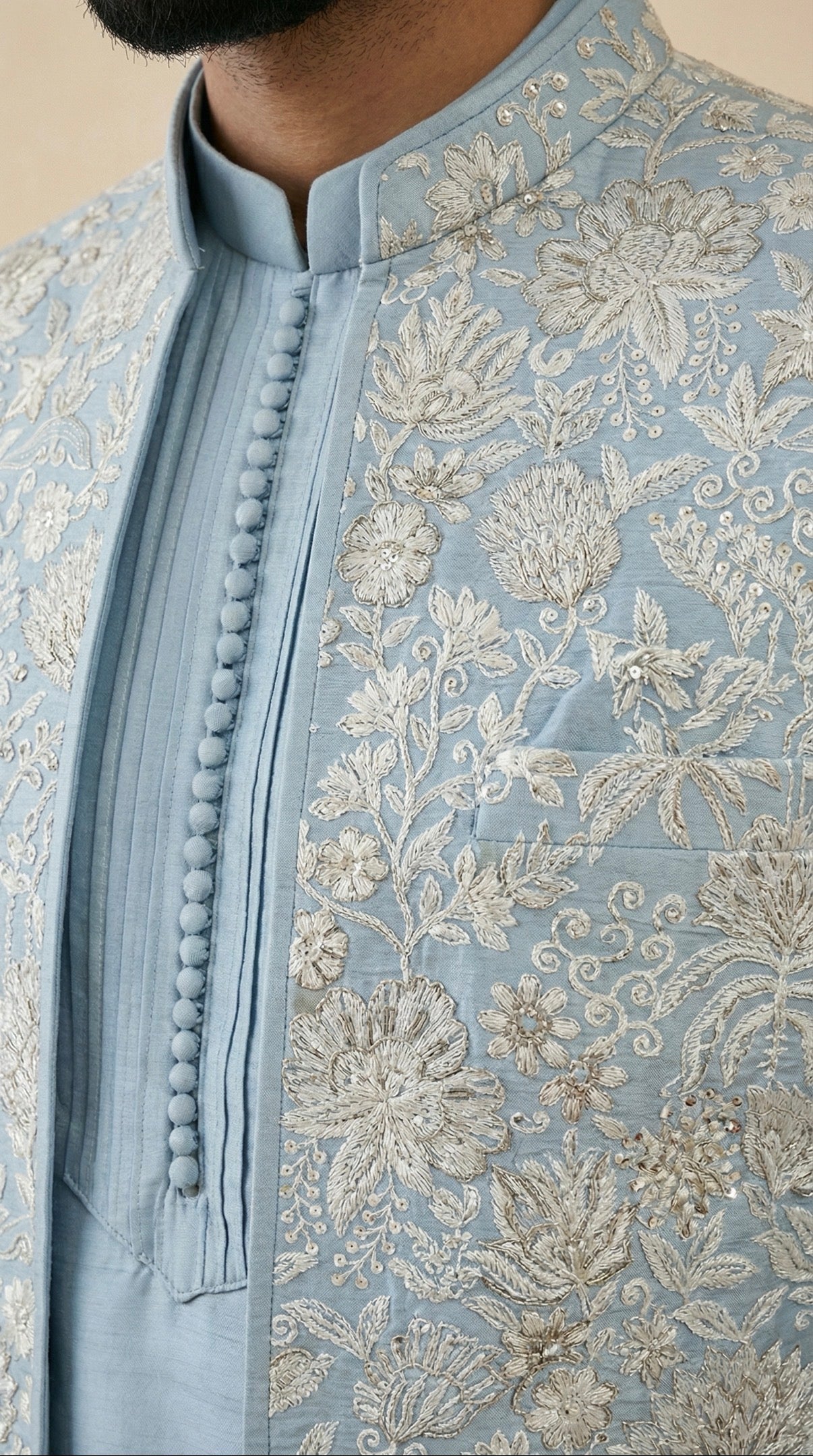 SKY BLUE INDOWESTERN WITH FLORAL WORK