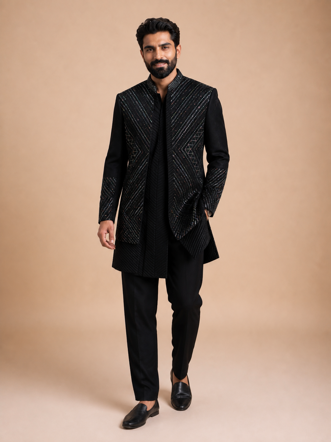 MEN'S BLACK EMBROIDERED INDO-WESTERN