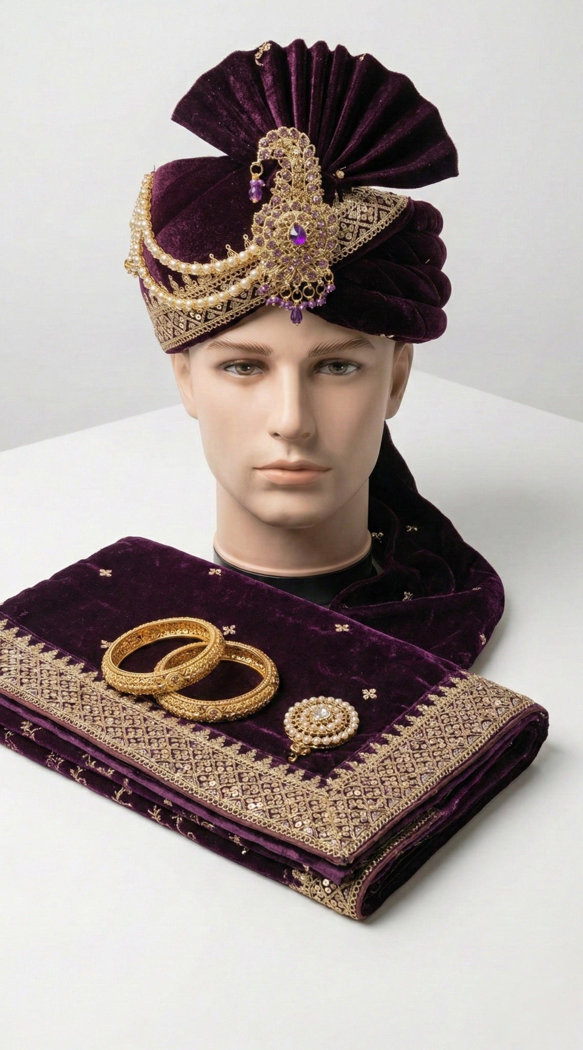 ROYAL WINE VELVET GROOM SAFA AND SHAWL