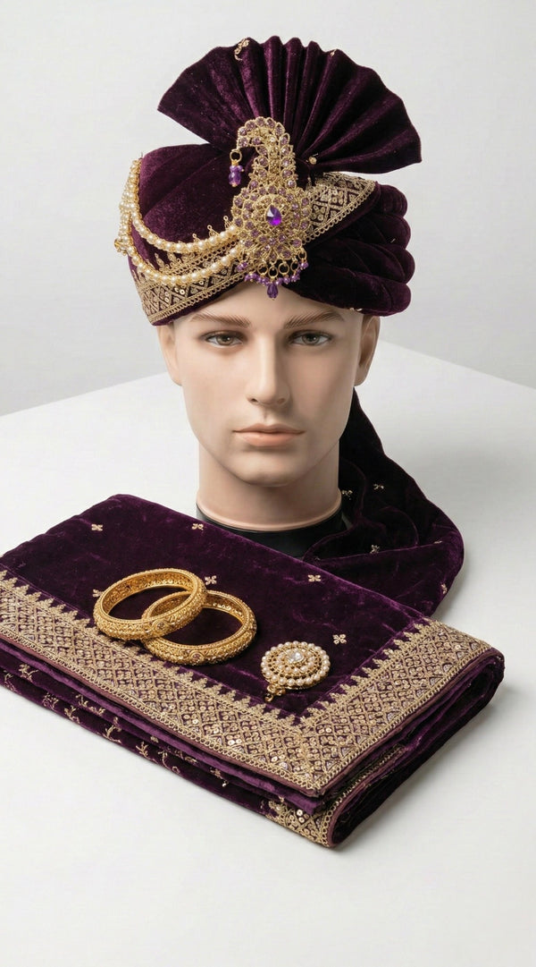 ROYAL WINE VELVET GROOM SAFA AND SHAWL