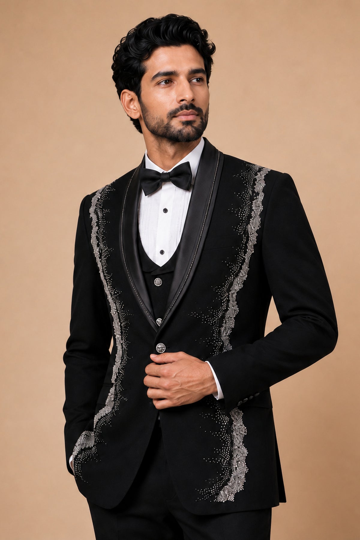 JET BLACK TUXEDO WITH SILVER HAND EMBROIDERY