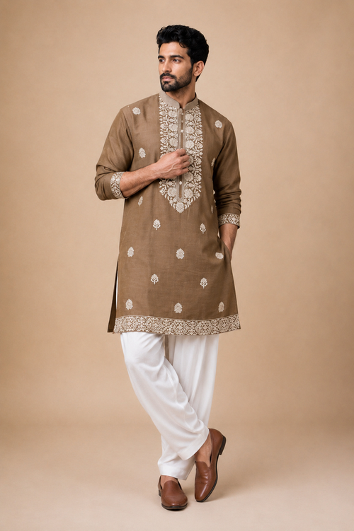 REGAL BROWN WHITE EMBROIDERED KURTA