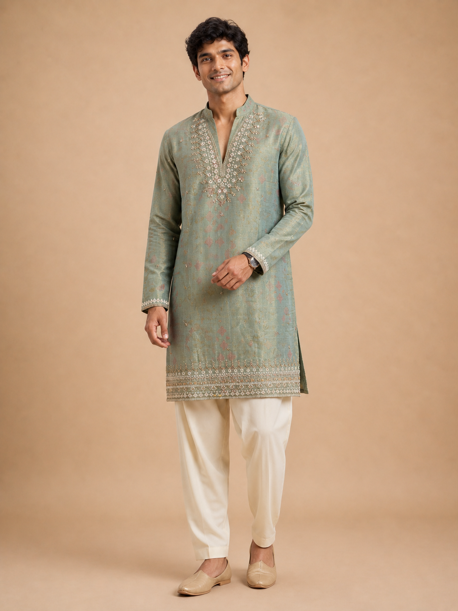 PASTEL GREEN ZARI EMBROIDERED KURTA
