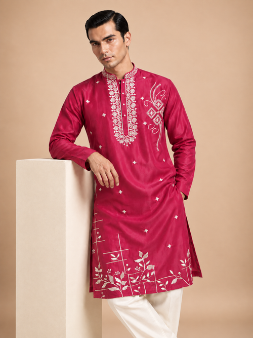 MAGENTA SILK EMBROIDERED KURTA
