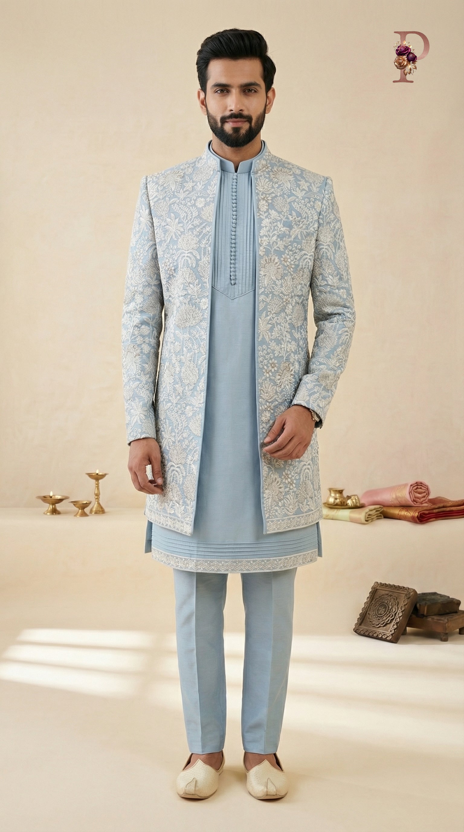 SKY BLUE INDOWESTERN WITH FLORAL WORK