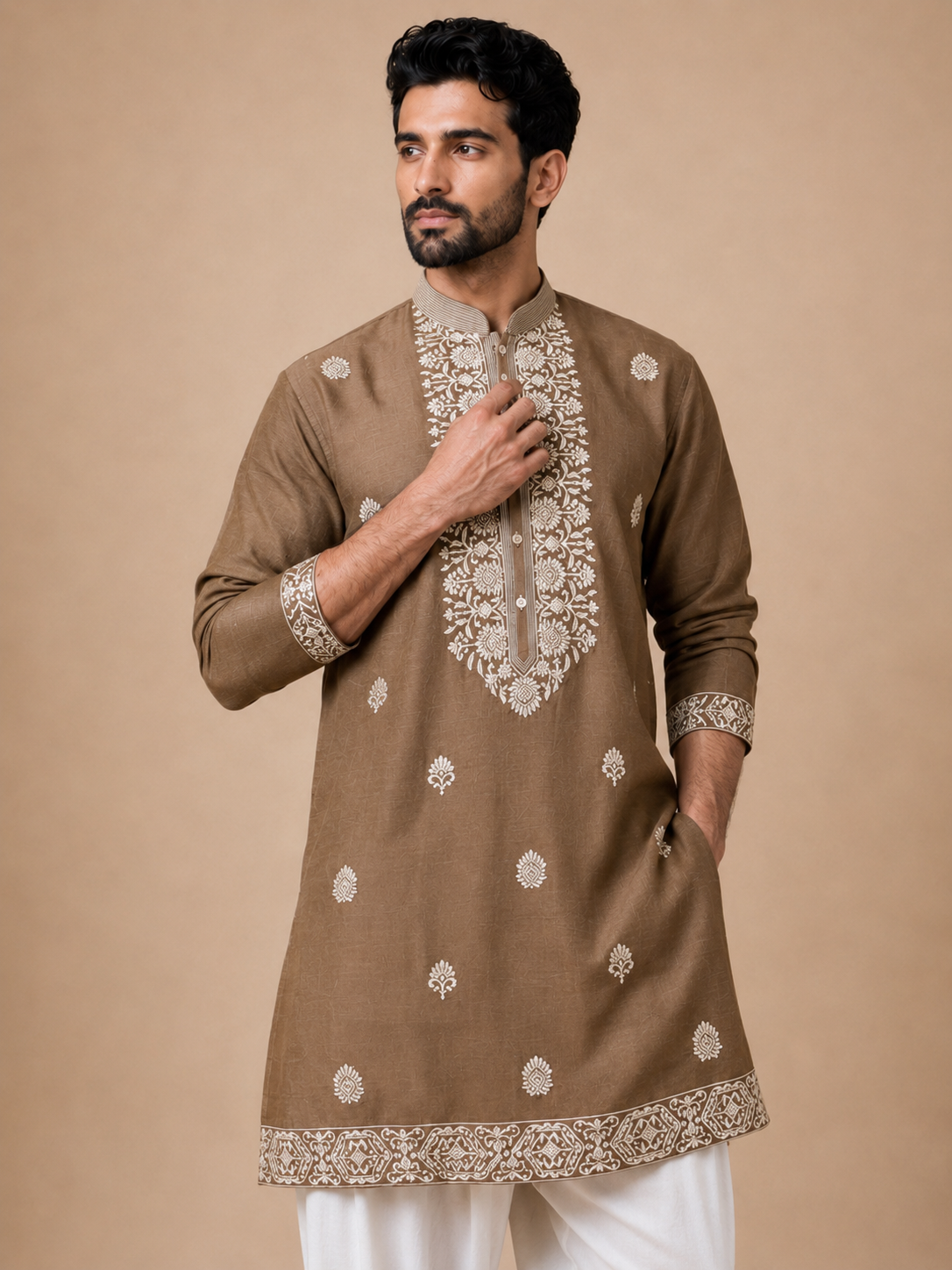 REGAL BROWN WHITE EMBROIDERED KURTA