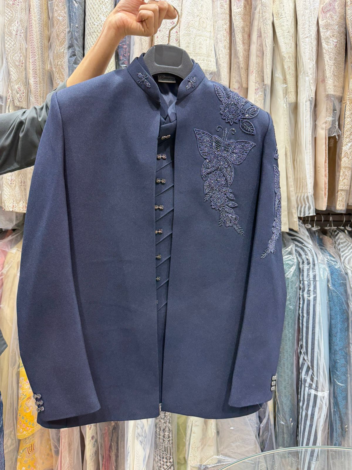 NAVY BUTTERFLY EMBROIDERED JODHPURI JACKET