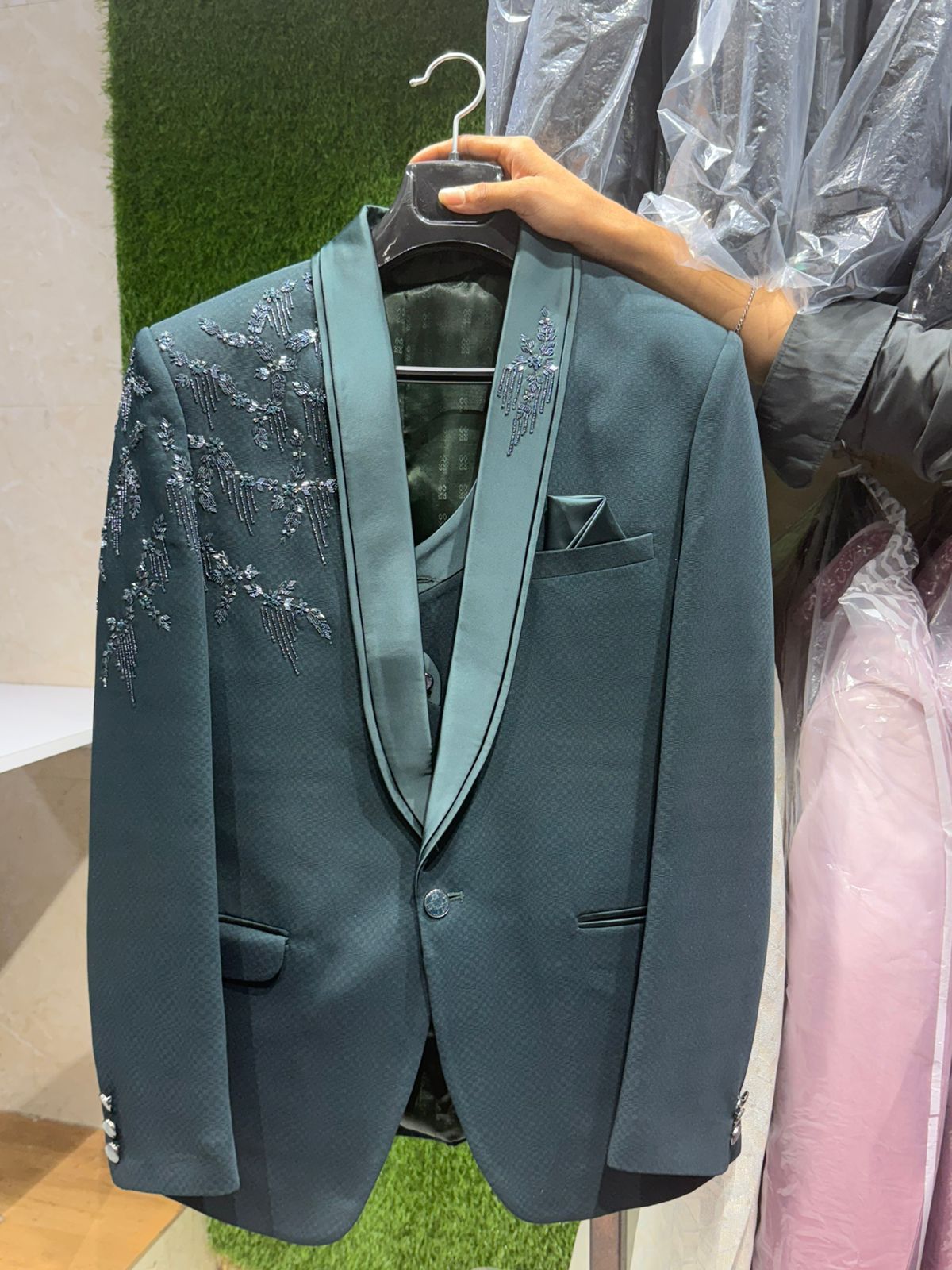 BOTTLE GREEN HAND WORK TUXEDO SET