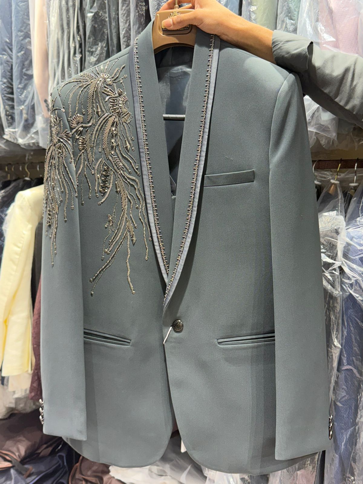 GREY COLOUR HAND WORK EMBROIDERY TUXEDO SET