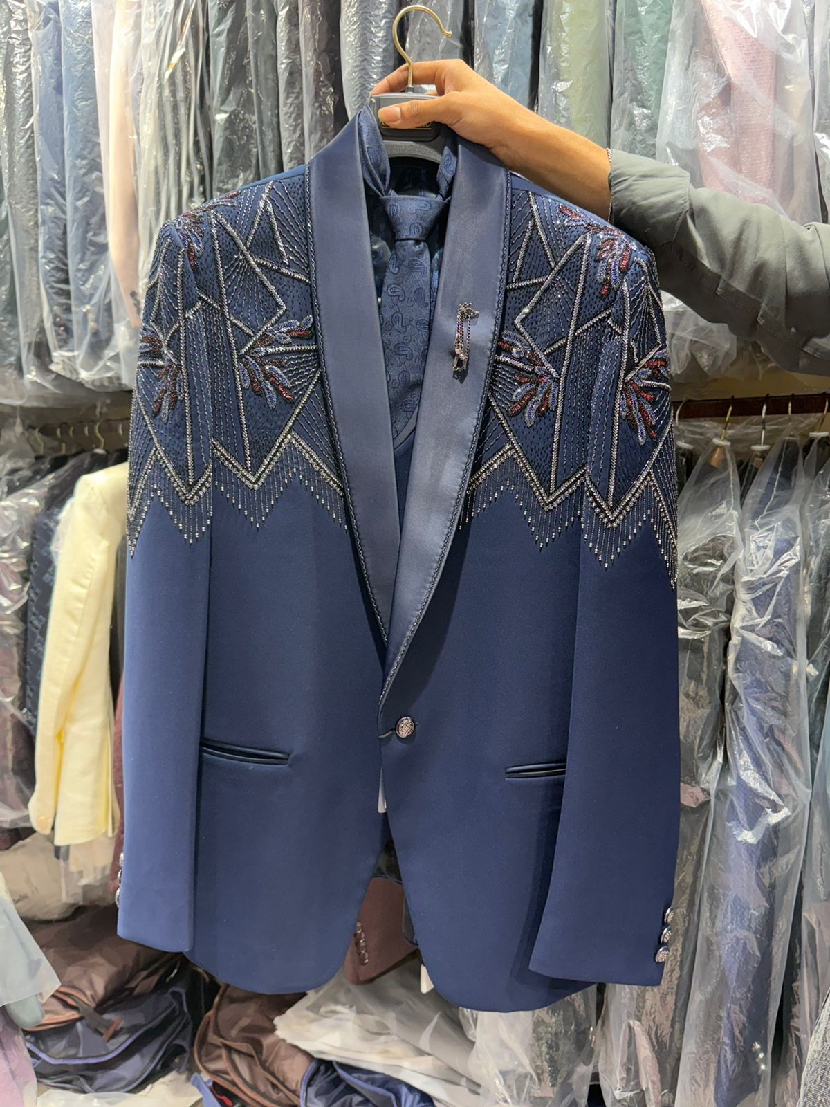 NAVY BLUE HAND WORK EMBROIDERY TUXEDO SET