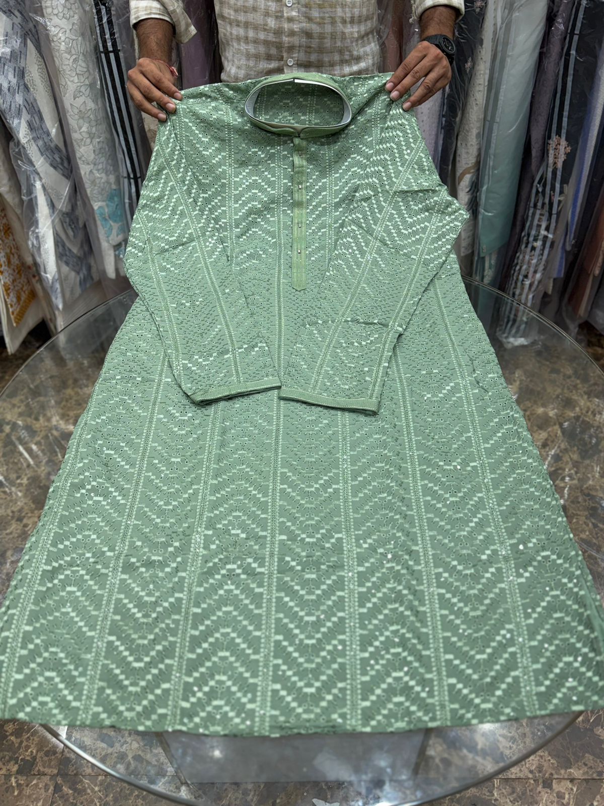 PISTA GREEN CHIKANKARI EMBROIDERY KURTA WITH ASTAR