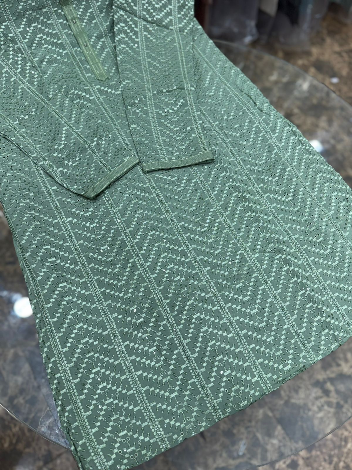 PISTA GREEN CHIKANKARI EMBROIDERY KURTA WITH ASTAR