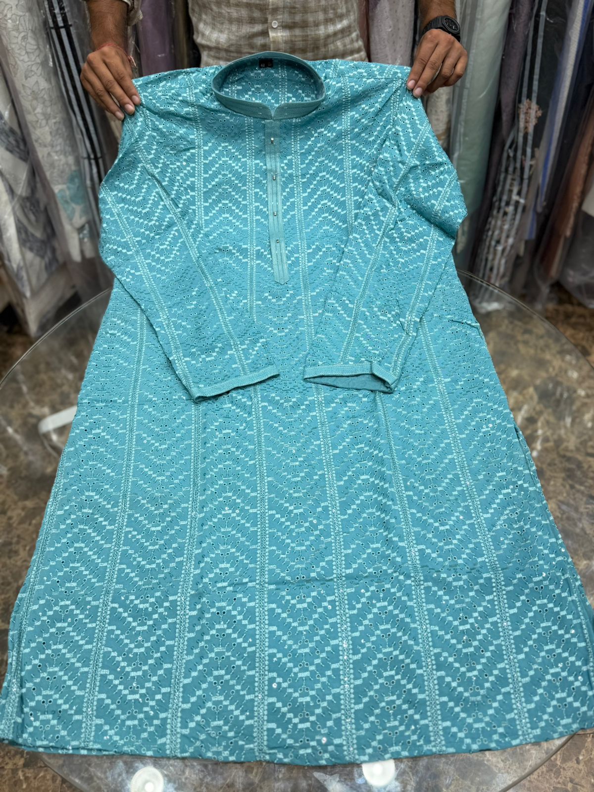 SKY BLUE CHIKANKARI EMBROIDERY KURTA WITH ASTAR