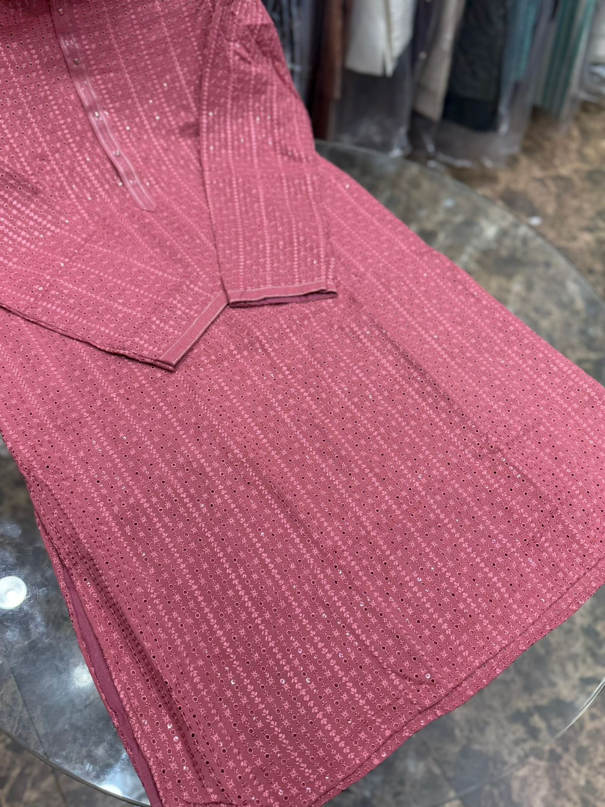 DARK PEACH CHIKANKARI EMBROIDERY KURTA WITH ASTAR