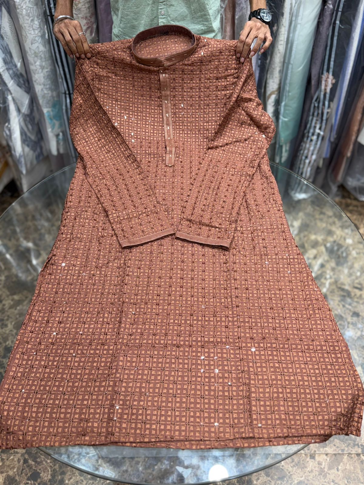 BROWN CHIKANKARI EMBROIDERY KURTA WITH ASTAR