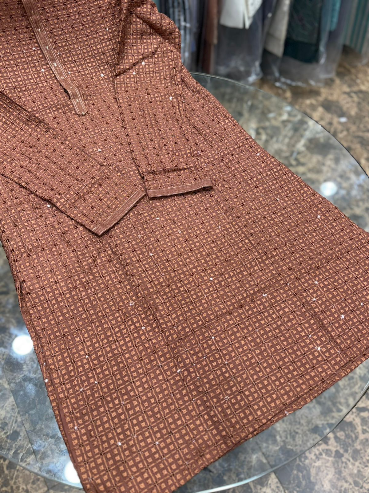 BROWN CHIKANKARI EMBROIDERY KURTA WITH ASTAR