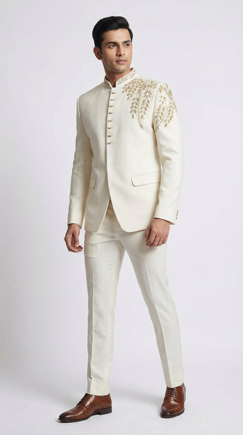 WHITE AND GOLDEN EMBROIDERED JODHPURI