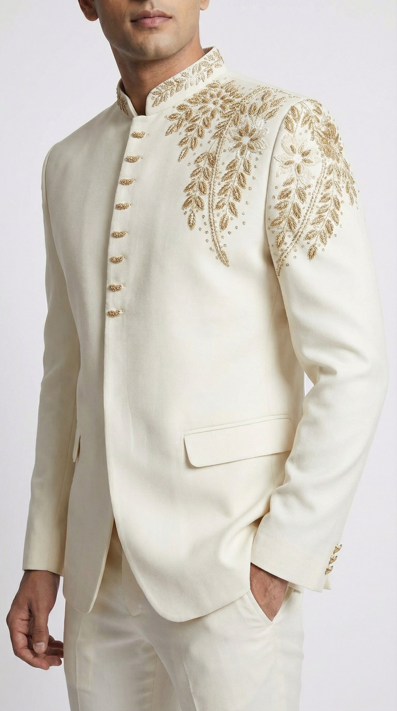 WHITE AND GOLDEN EMBROIDERED JODHPURI