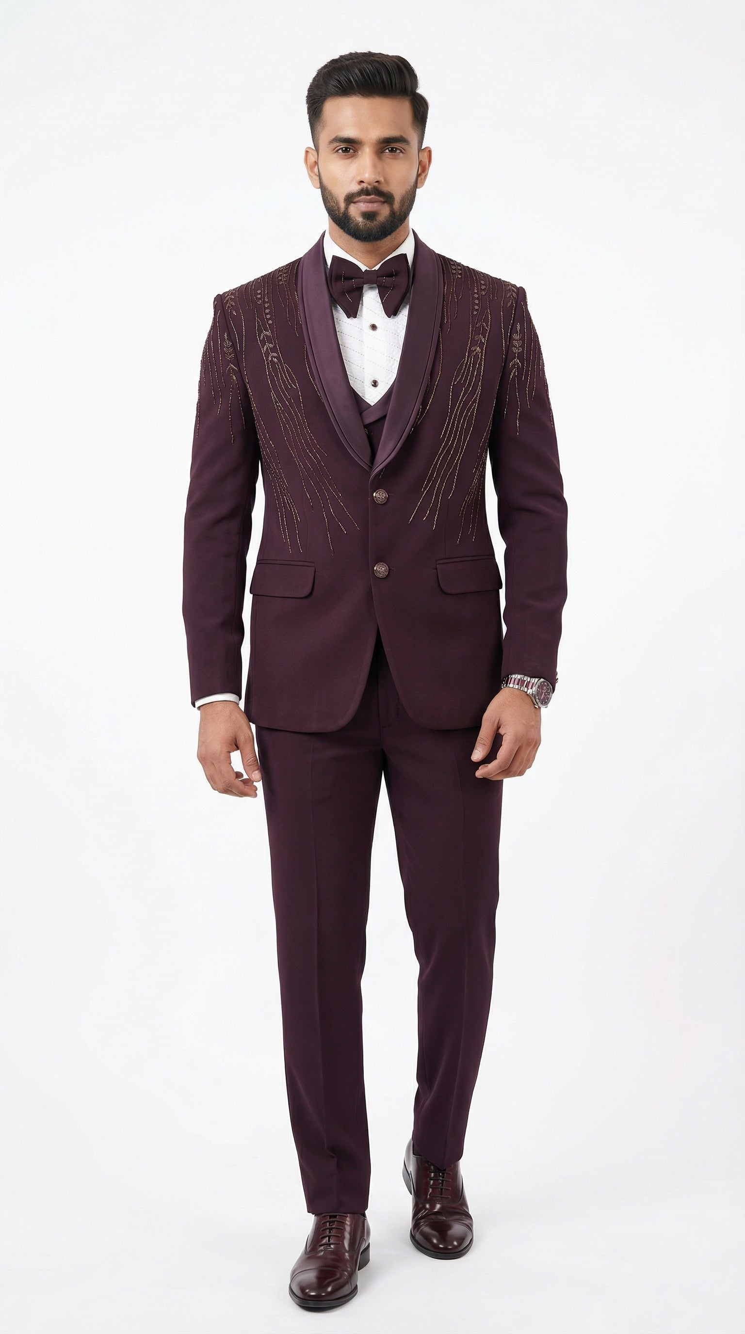 WINE EMBROIDERED TUXEDO SET.