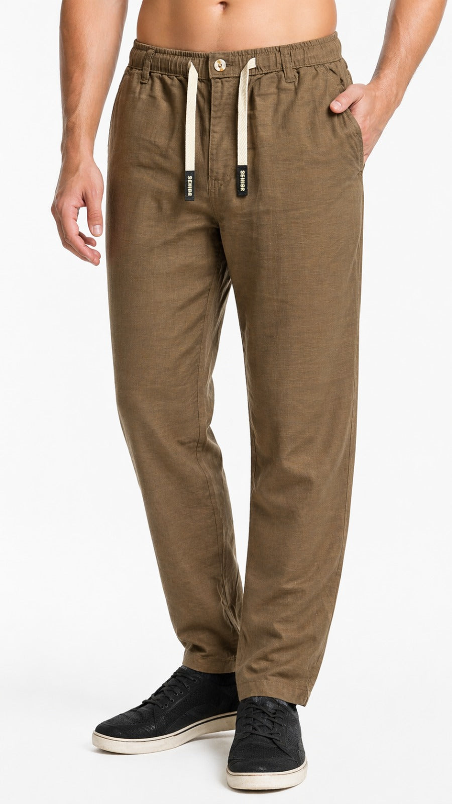 BROWN DRAWSTRING LINEN PANTS